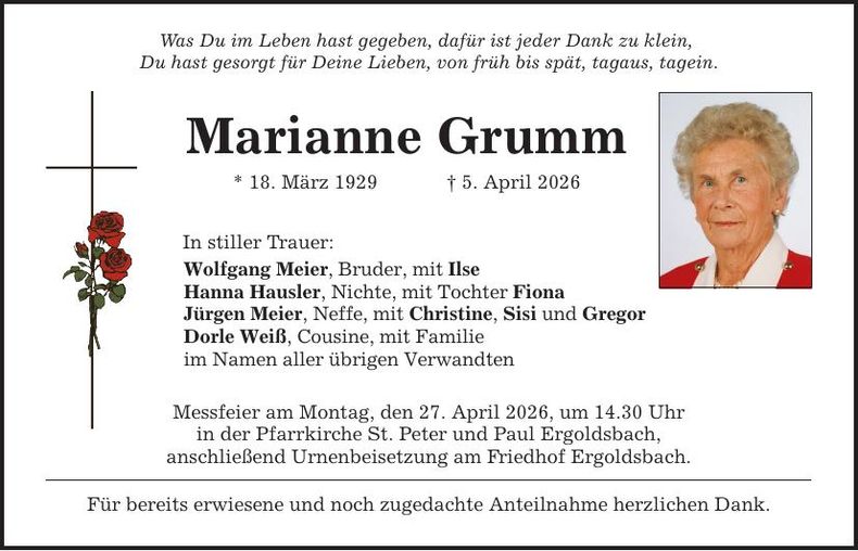 Traueranzeige Marianne Grumm