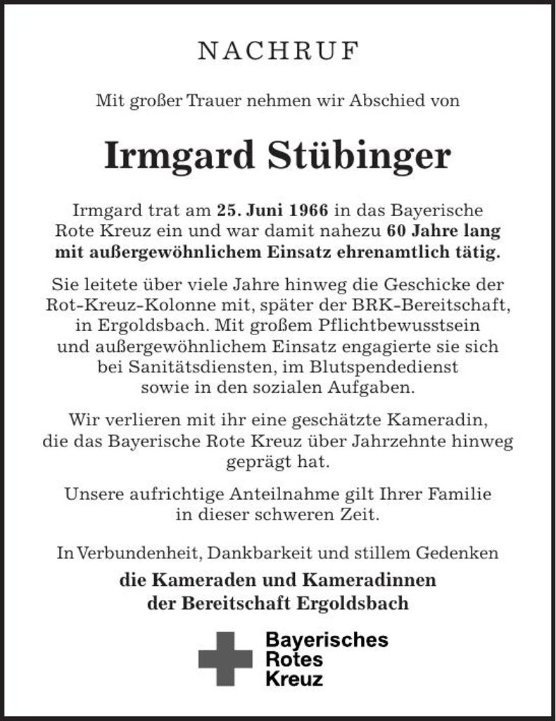 Traueranzeige Irmgard  Stübinger