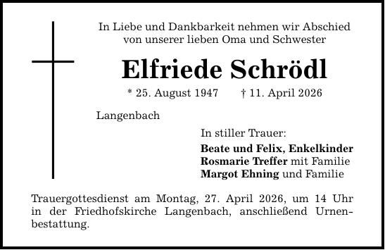 Traueranzeige Elfriede Schrödl