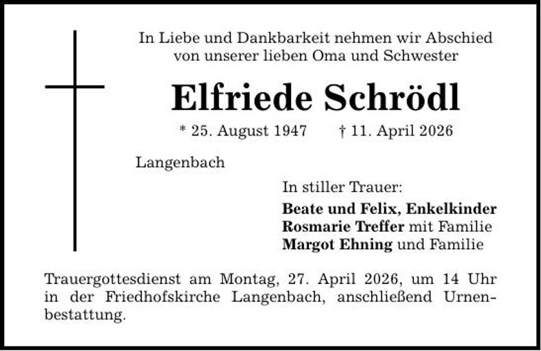 Traueranzeige Elfriede Schrödl