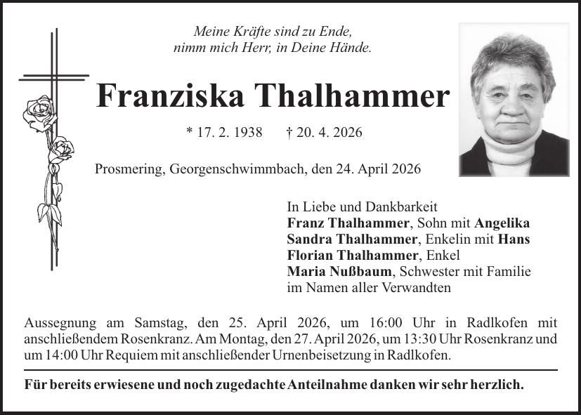 Traueranzeige Franziska Thalhammer