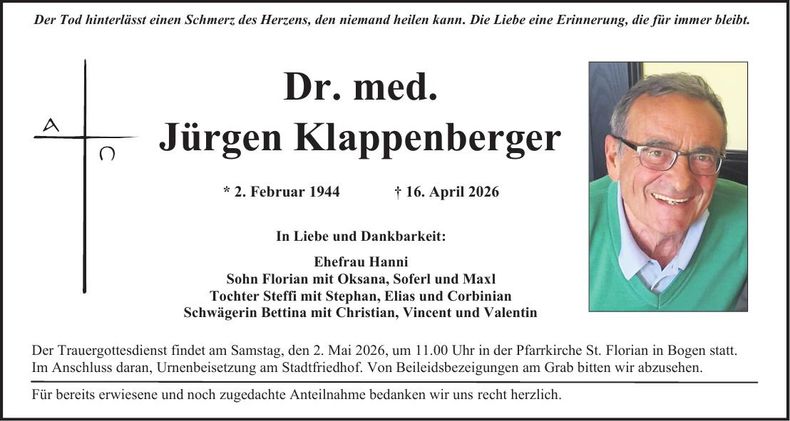 Traueranzeige Dr med Jürgen Klappenberger