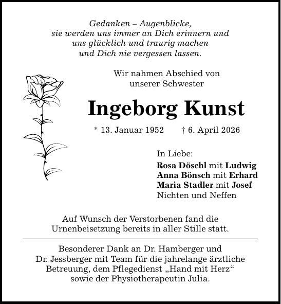 Traueranzeige Ingeborg Kunst