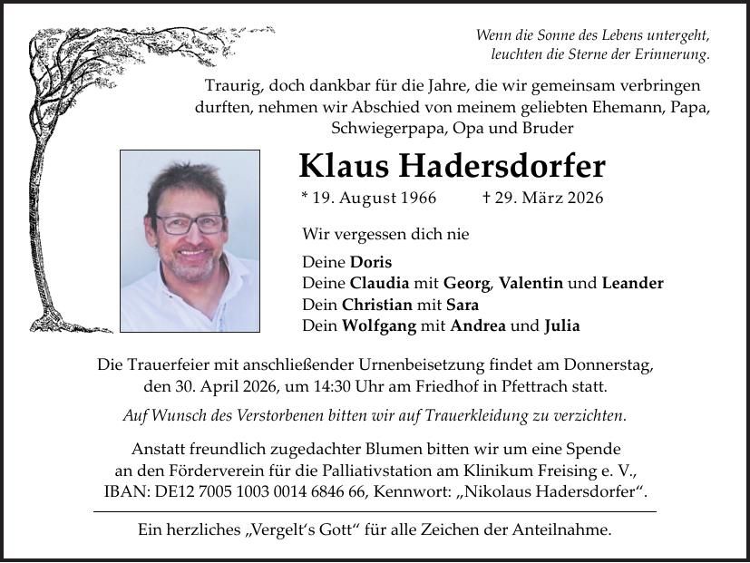 Traueranzeige Klaus Hadersdorfer