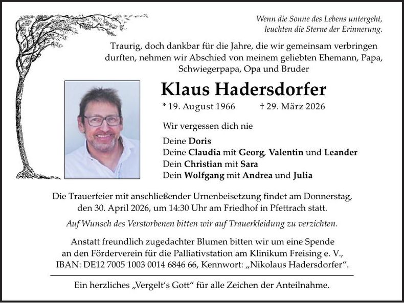 Traueranzeige Klaus Hadersdorfer