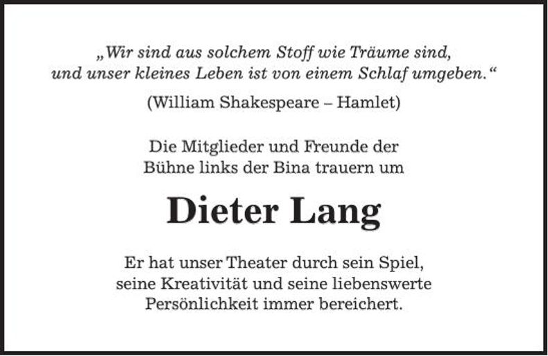 Traueranzeige Dieter Lang