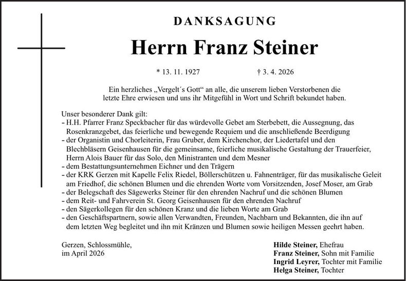 Traueranzeige Franz Steiner