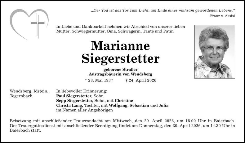 Traueranzeige Marianne Siegerstetter