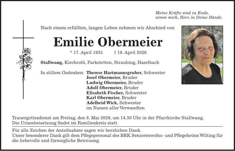 Traueranzeige Emilie Obermeier