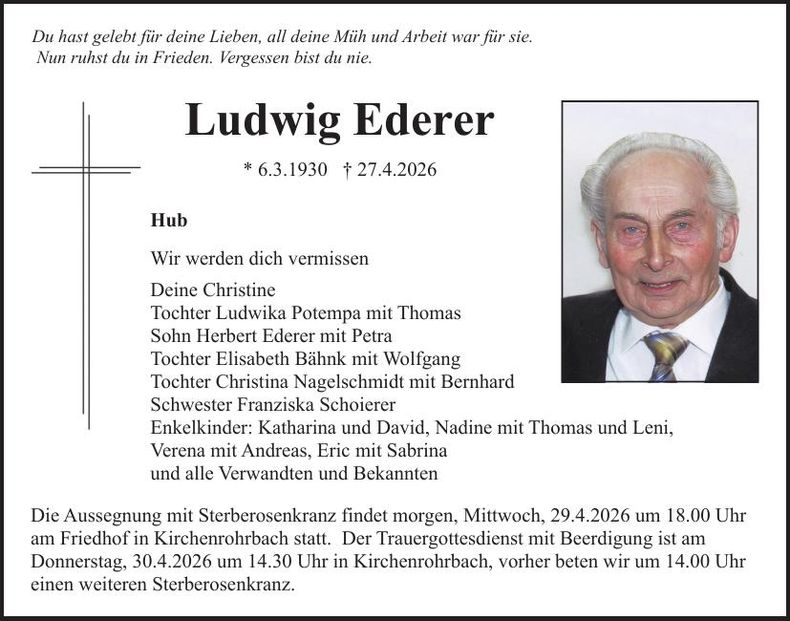 Traueranzeige Ludwig Ederer
