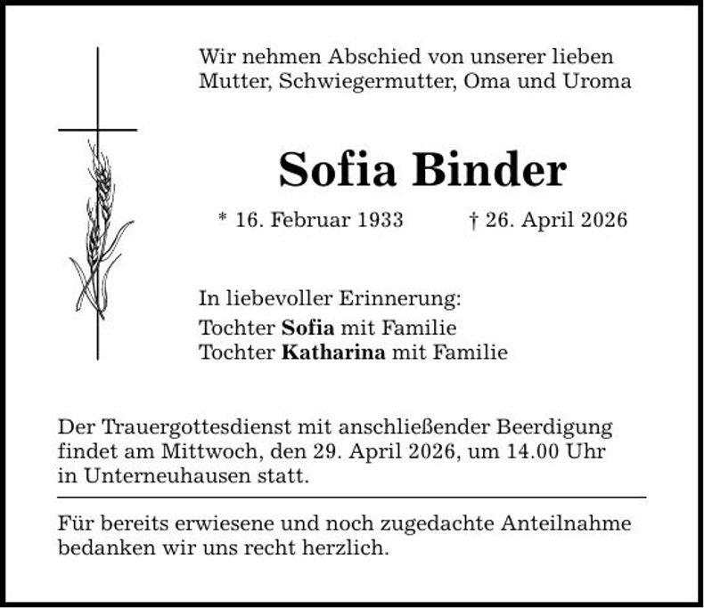 Traueranzeige Sofia Binder