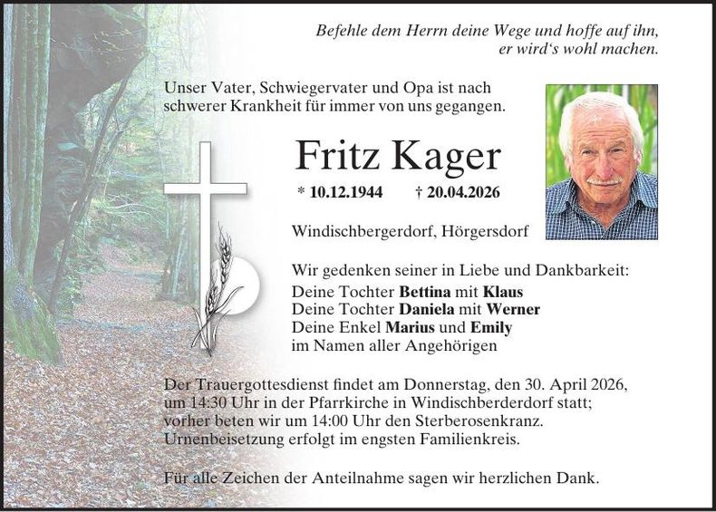 Traueranzeige Fritz Kager
