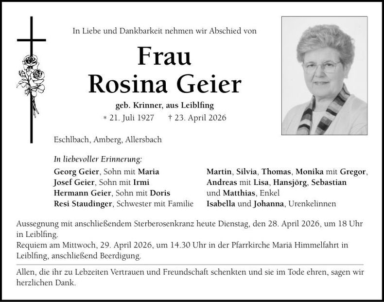 Traueranzeige Rosina Geier