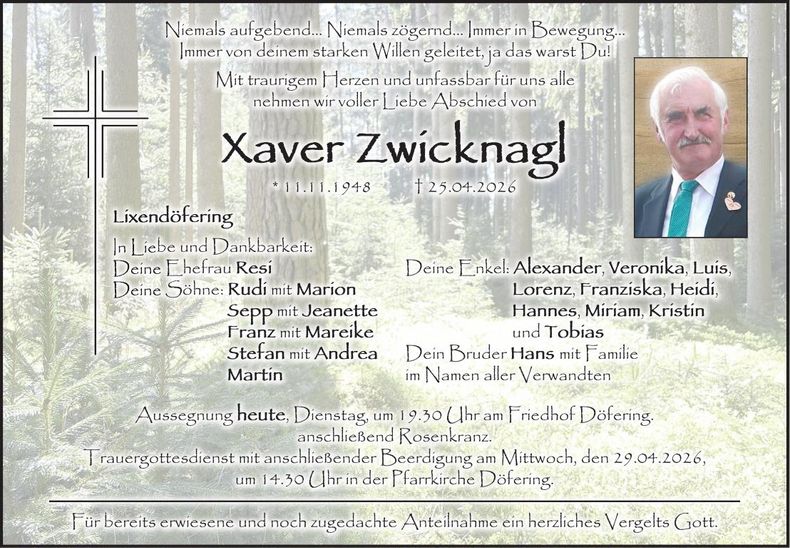 Traueranzeige Xaver Zwicknagl