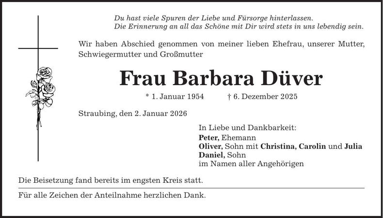 Traueranzeige Barbara Düver