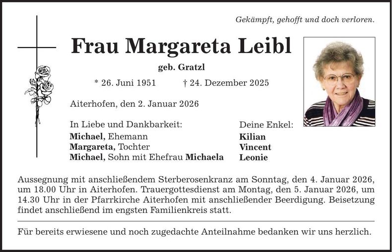 Traueranzeige Margarete Leibl