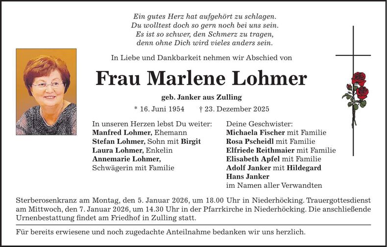 Traueranzeige Marlene Lohmer
