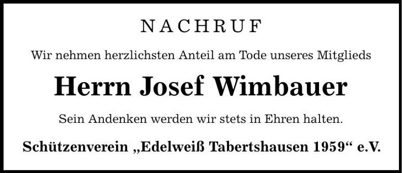 Traueranzeige Josef Wimbauer
