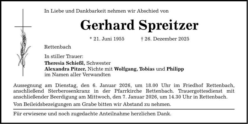 Traueranzeige Spreitzer Gerhard