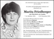 Traueranzeige Marita Friedberger