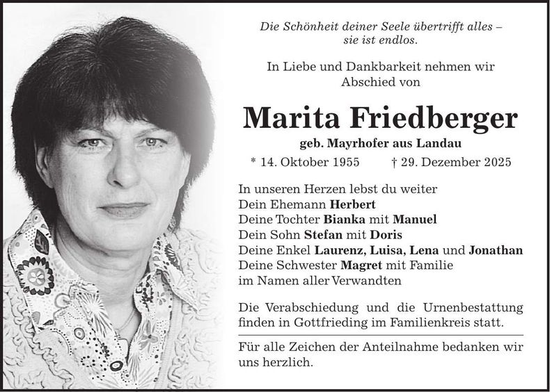 Traueranzeige Marita Friedberger