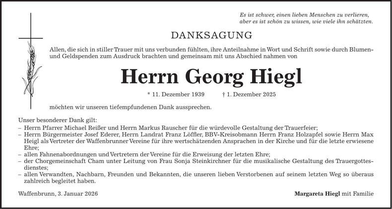 Traueranzeige Georg Hiegl