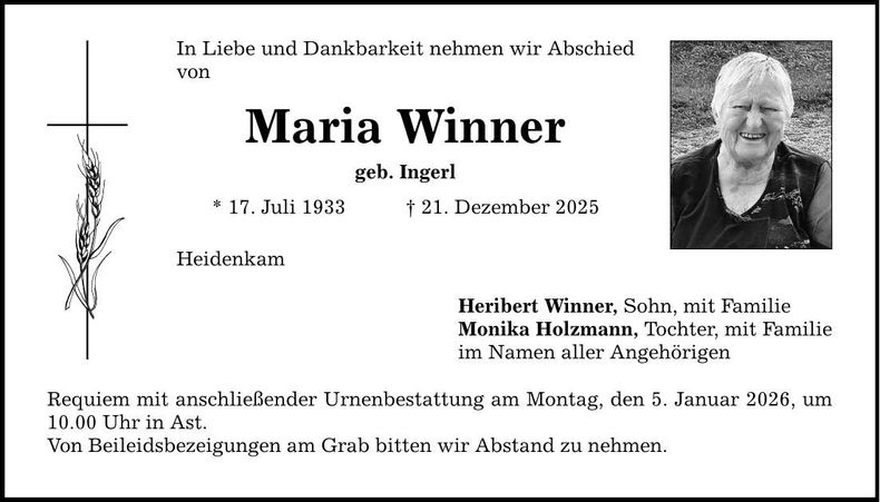 Traueranzeige Maria Winner