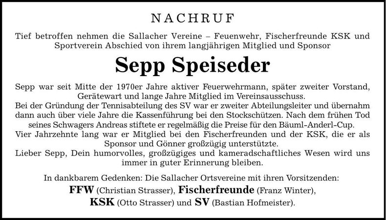 Traueranzeige Sepp Speiseder