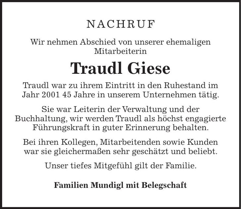 Traueranzeige Traudl Giese