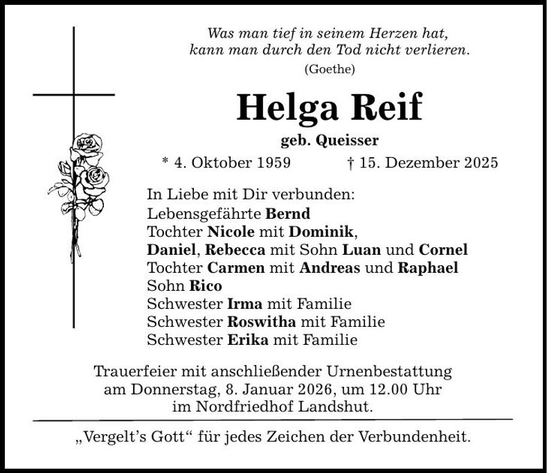 Traueranzeige Helga Reif