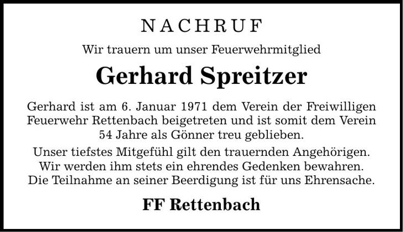 Traueranzeige Gerhard Spreitzer