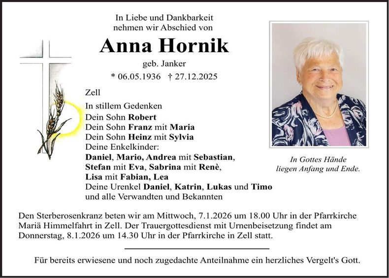 Traueranzeige Anna Hornik