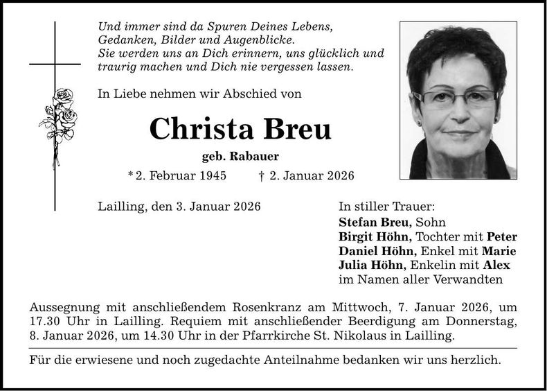 Traueranzeige Christa Breu