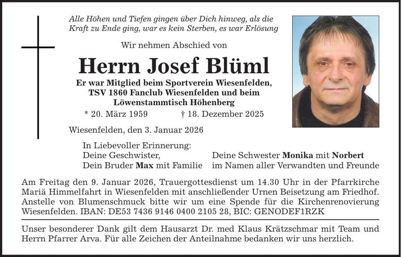 Traueranzeige Josef Blüml