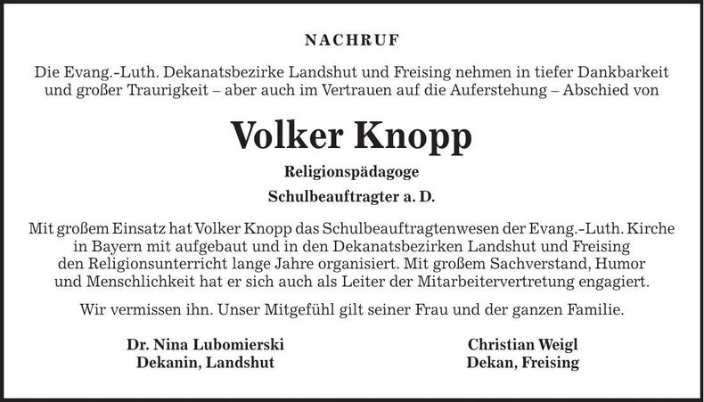 Traueranzeige Volker Knopp
