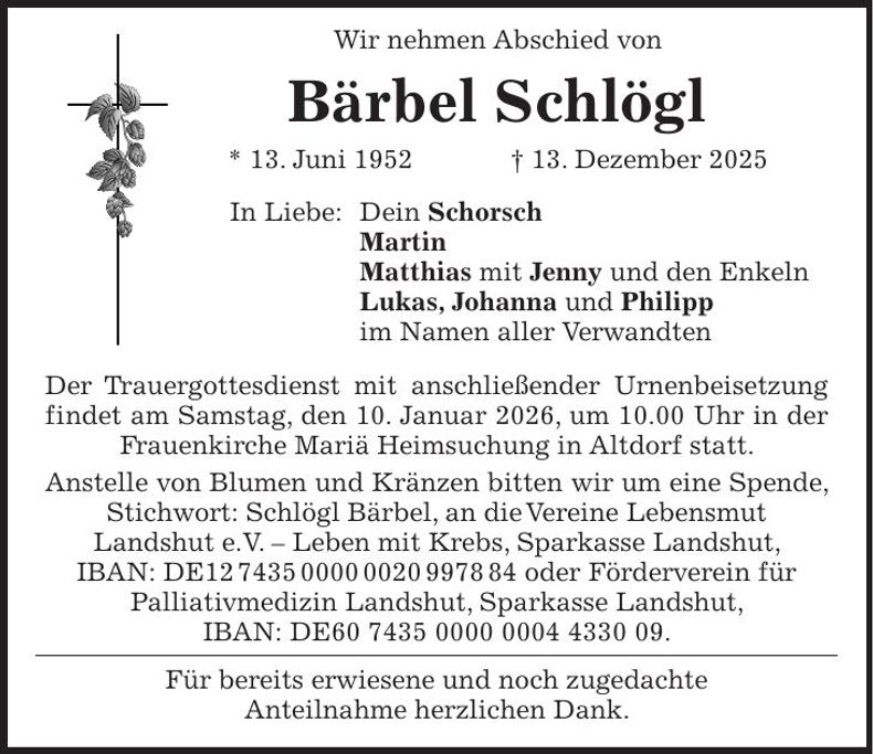 Traueranzeige Bärbel Schlögl