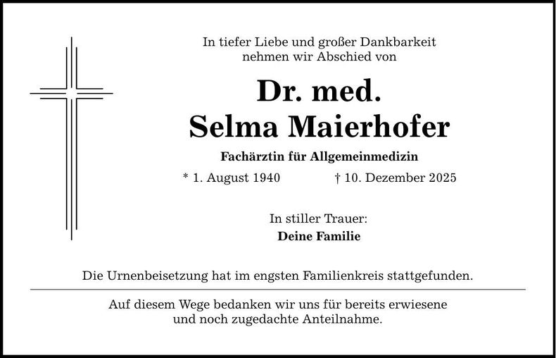 Traueranzeige Selma Dr. med. Maierhofer