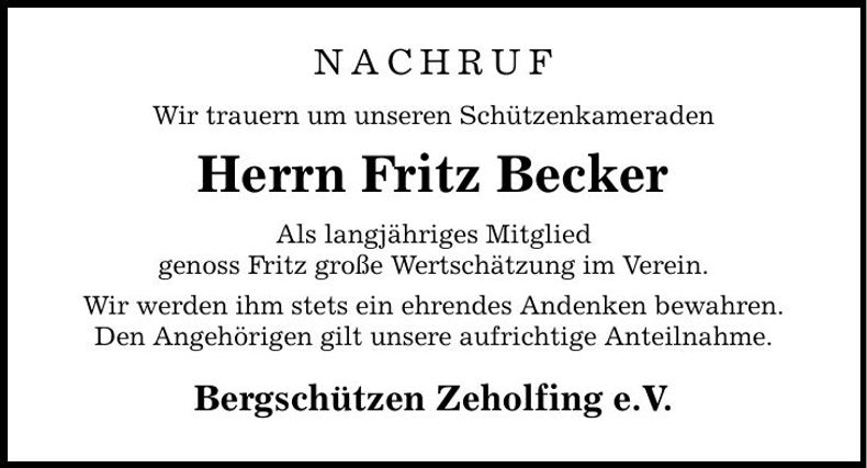 Traueranzeige Fritz Becker