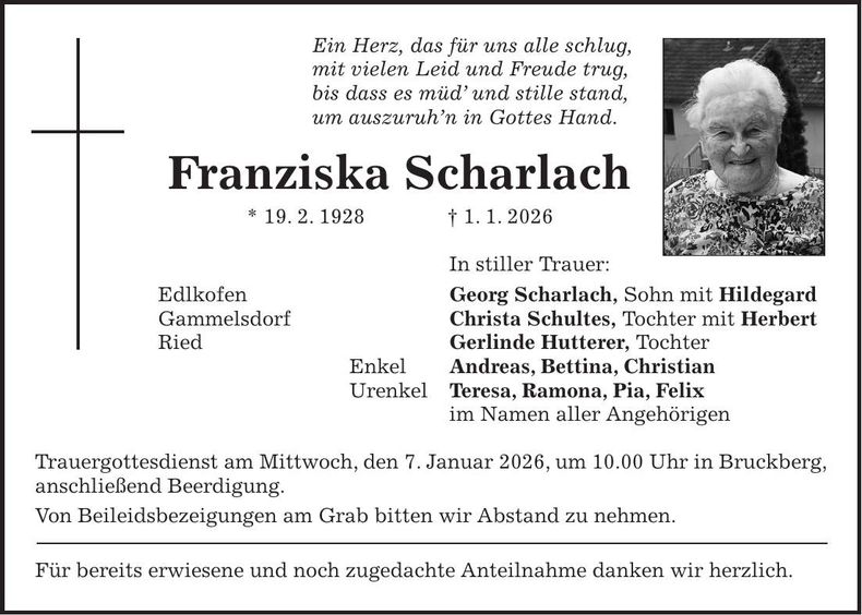 Traueranzeige Franziska Scharlach