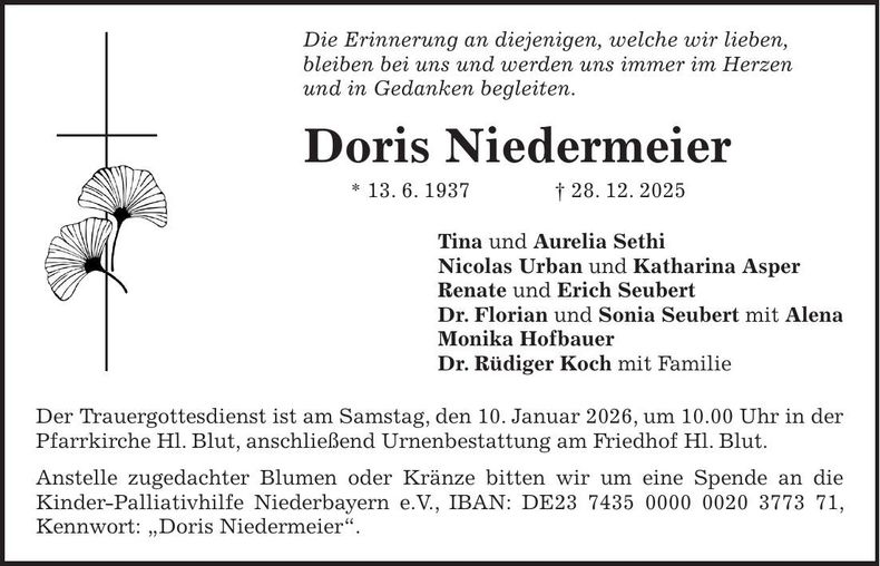 Traueranzeige Doris Niedermeier
