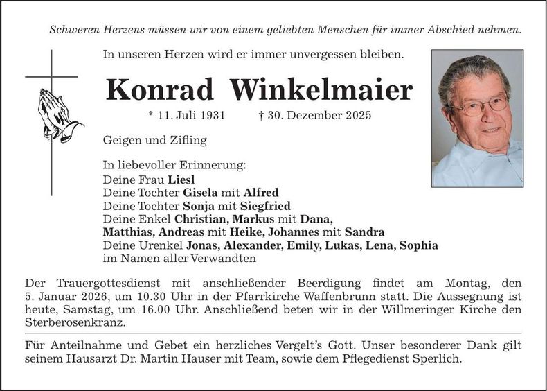 Traueranzeige Konrad Winkelmaier
