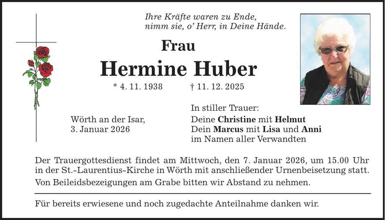Traueranzeige Hermine Huber