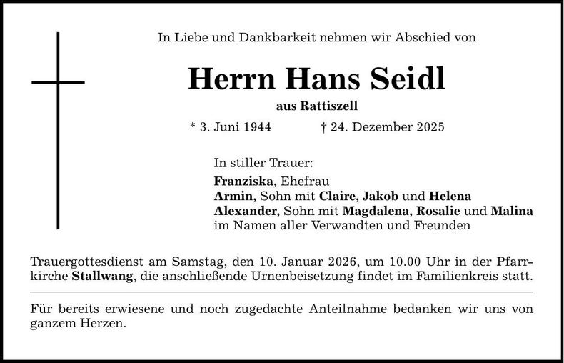 Traueranzeige Hans Seidl