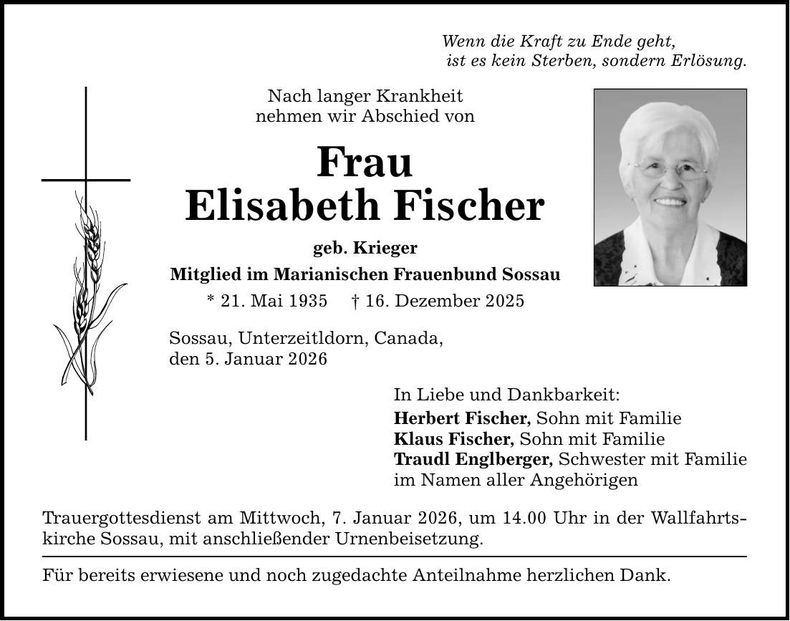 Traueranzeige Elisabeth Fischer