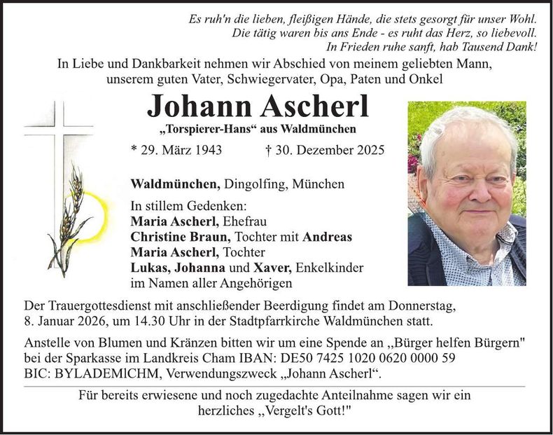 Traueranzeige Johann Ascherl