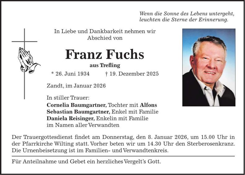 Traueranzeige Franz Fuchs