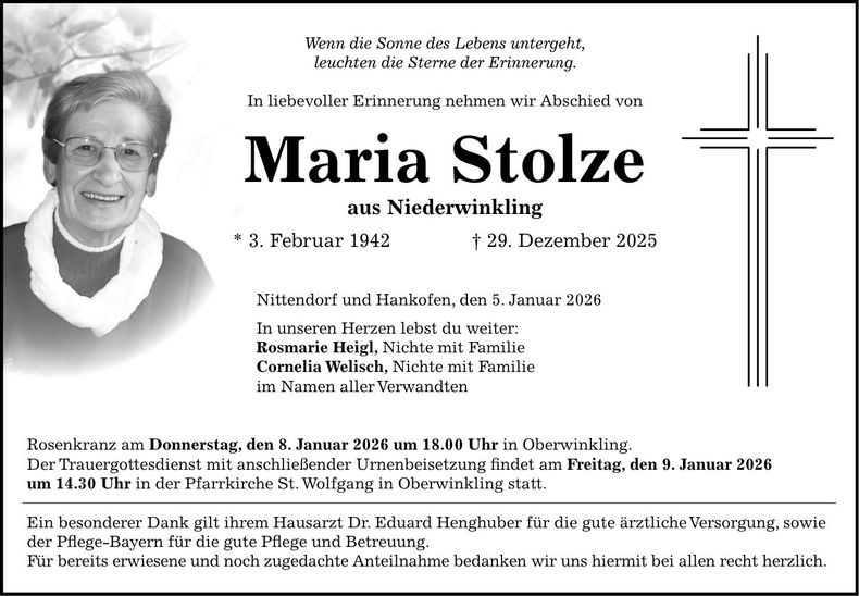 Traueranzeige Maria Stolze
