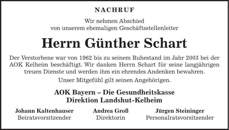 Traueranzeige Günther Schart
