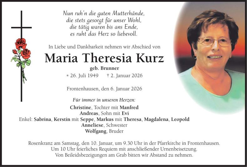 Traueranzeige Maria Theresia Kurz