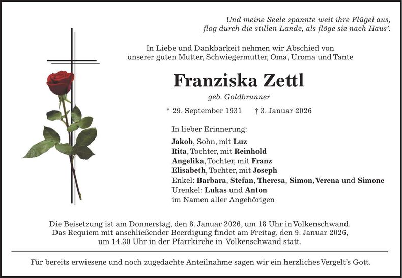 Traueranzeige Franziska Zettl